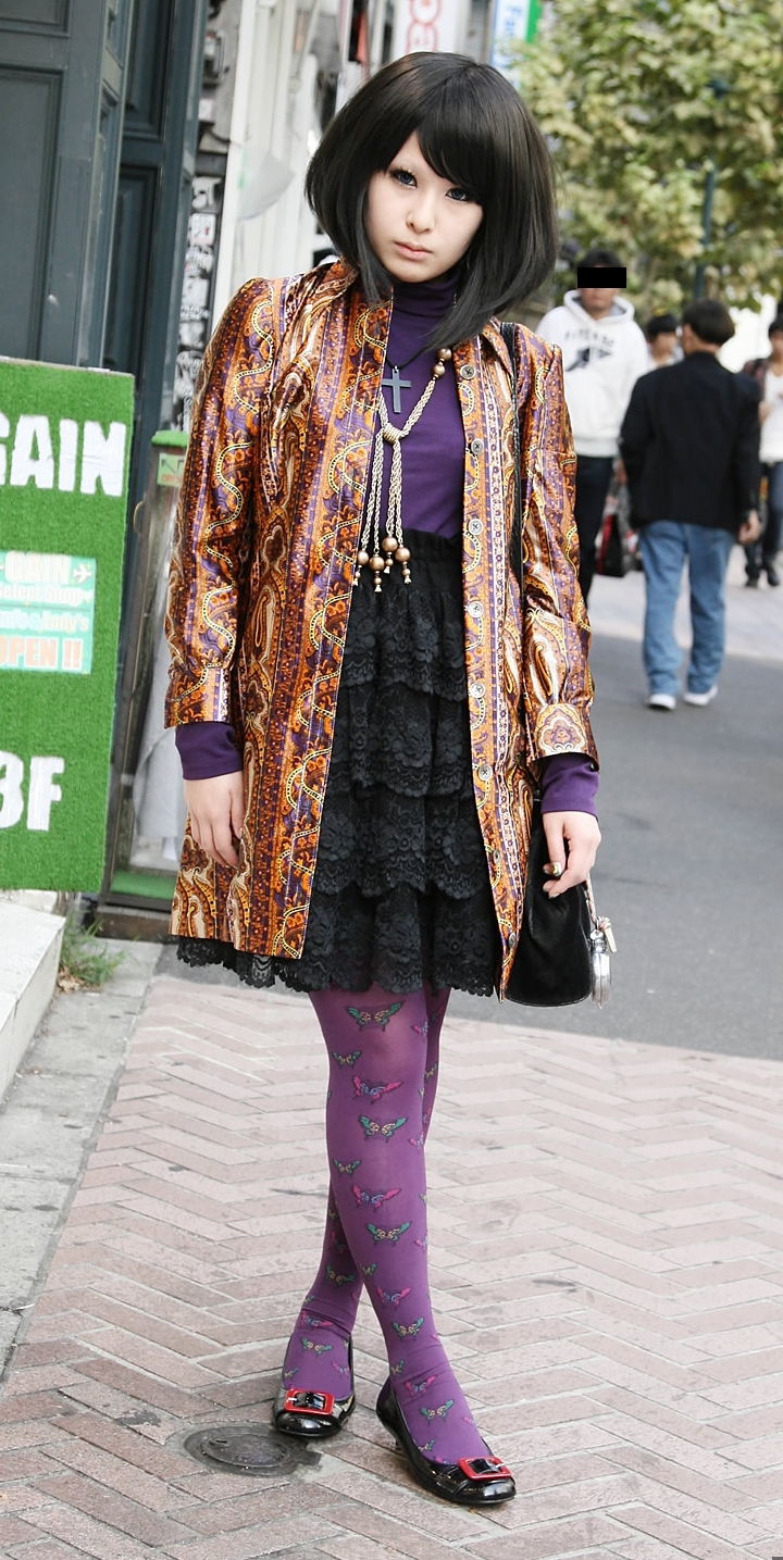 Brunette Gothic Asian Girl wearing Purple Opaque Pantyhose and Black Short Skirt